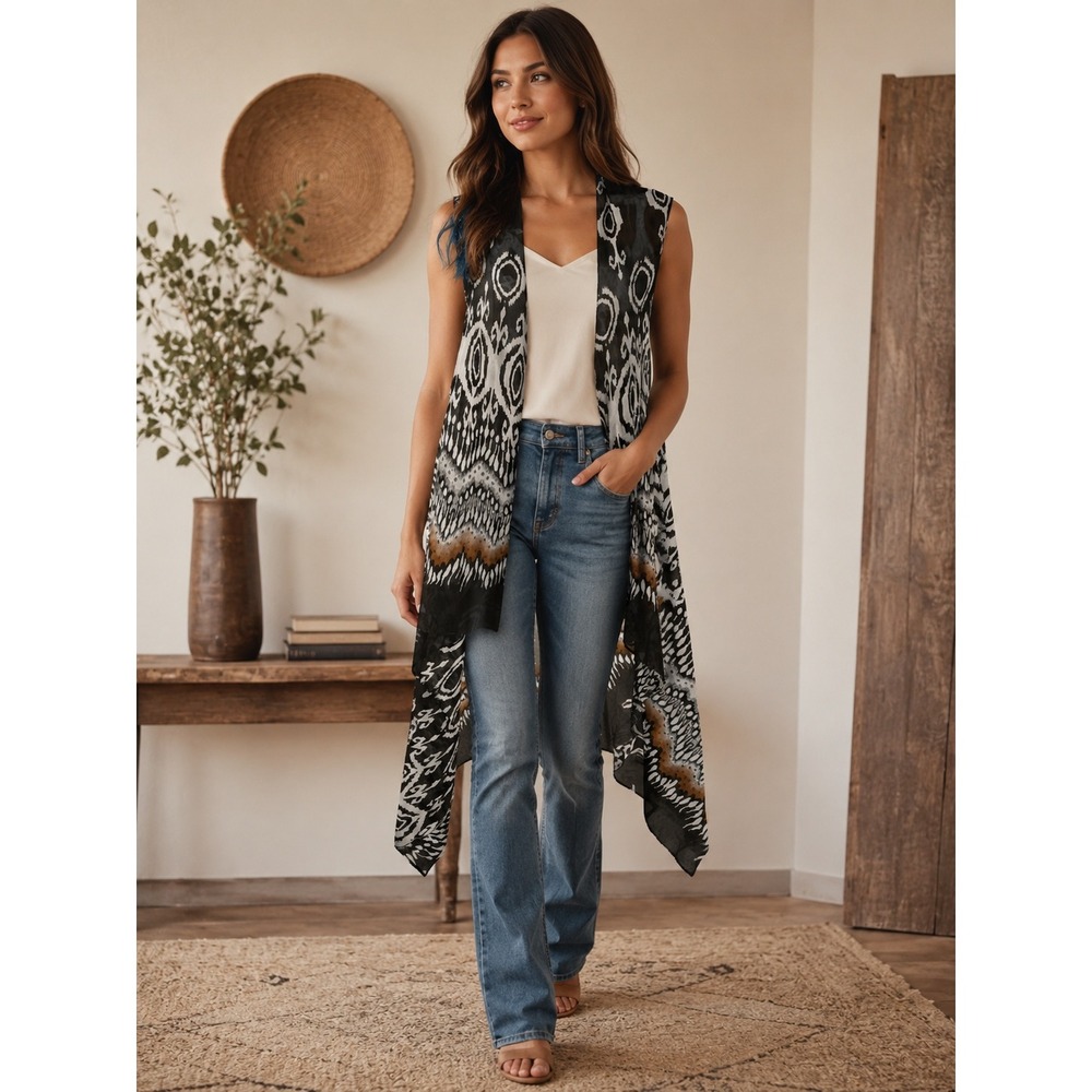 Grace Elements Women Black White Ikat Tribal Print Chiffon Longline Duster Vest